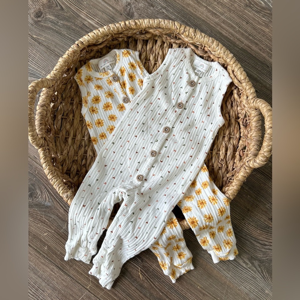 LOT Willow + Whimsy One Piece 18 Months Wood Buttons Boho Flowers Hearts Romper